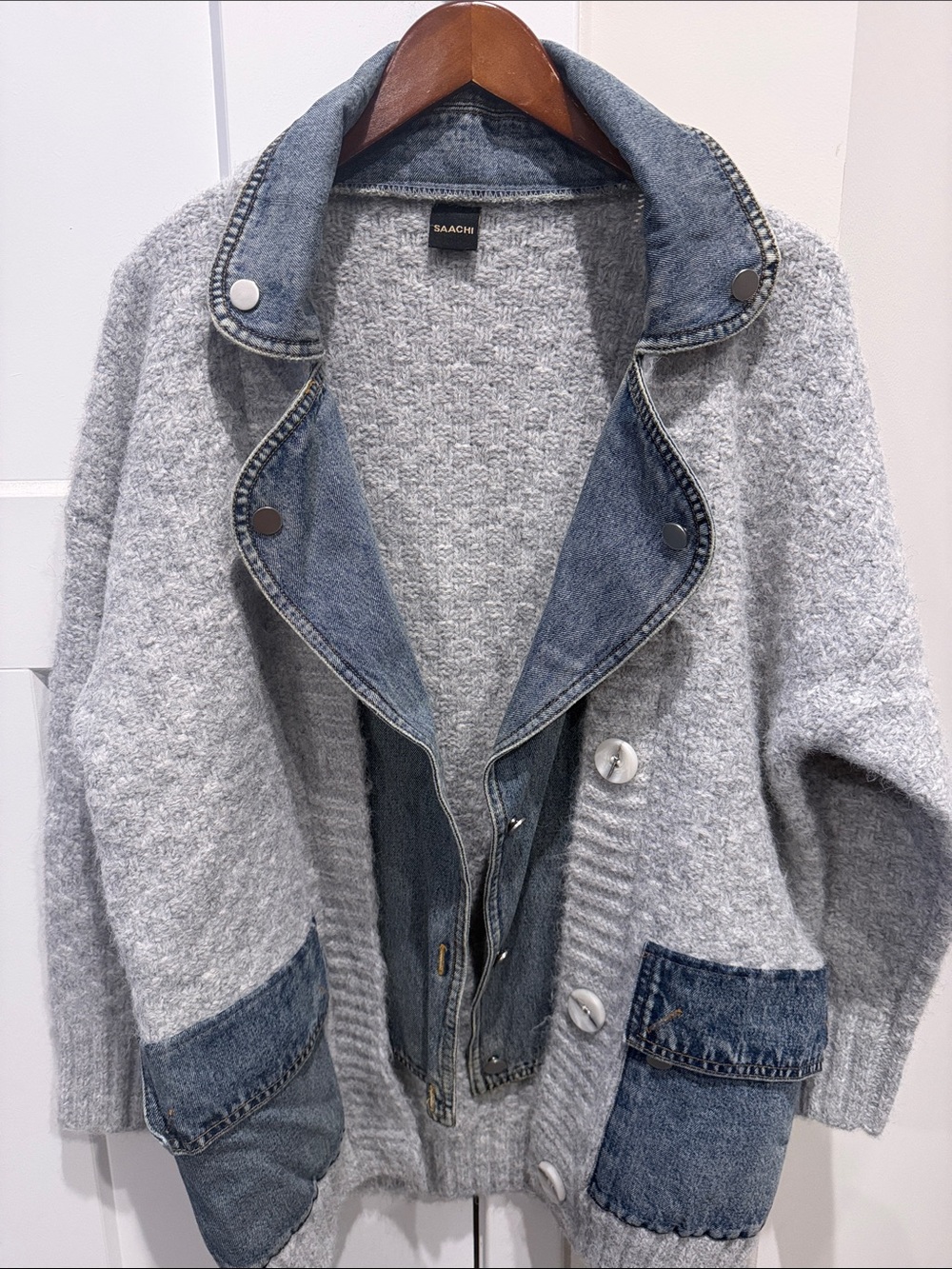 SAACHI Gray Knit Jacket with Denim Collar and Pockets